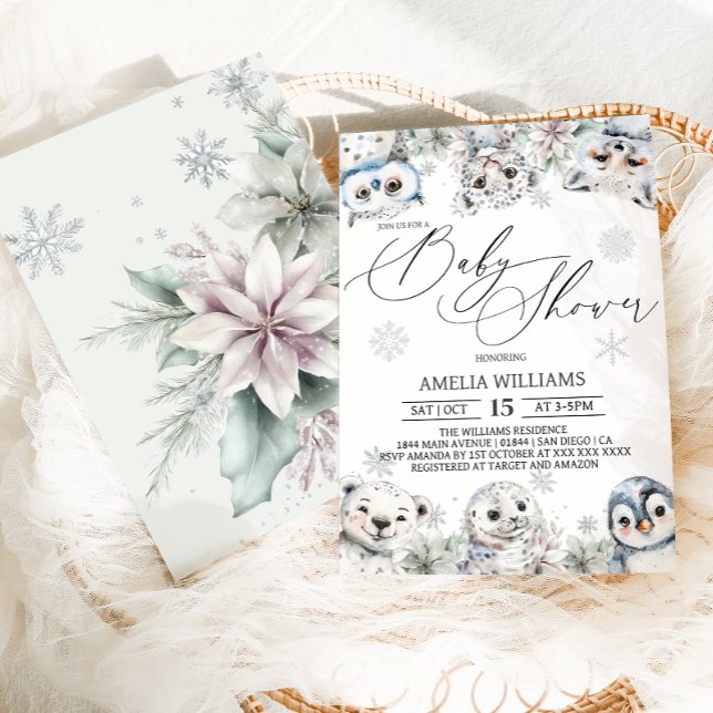 Winter Floral Arctic Animals Baby Shower Invitation (Creator Uploaded)