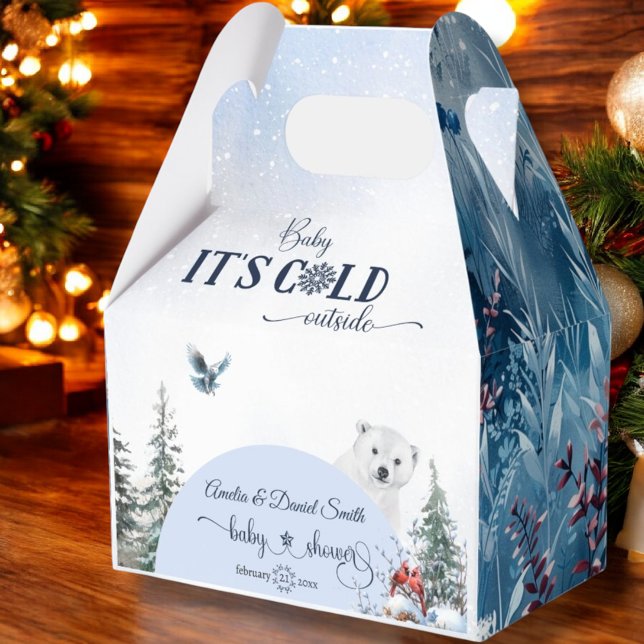 Winter Floral Baby Cold Outside Bear Red Bird  Favor Boxes (Creator Uploaded)