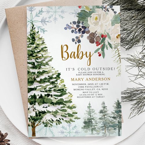 Winter Floral Baby Shower Forest Animals Invitation