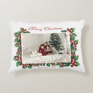 Winter Floral Berries Christmas Family Photo Accent Pillow