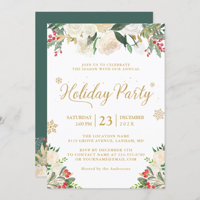 Winter Floral Berries Gold Glitter Holiday Party Invitation
