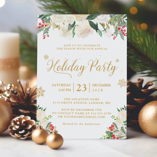 Winter Floral Berries Gold Glitter Holiday Party Invitation