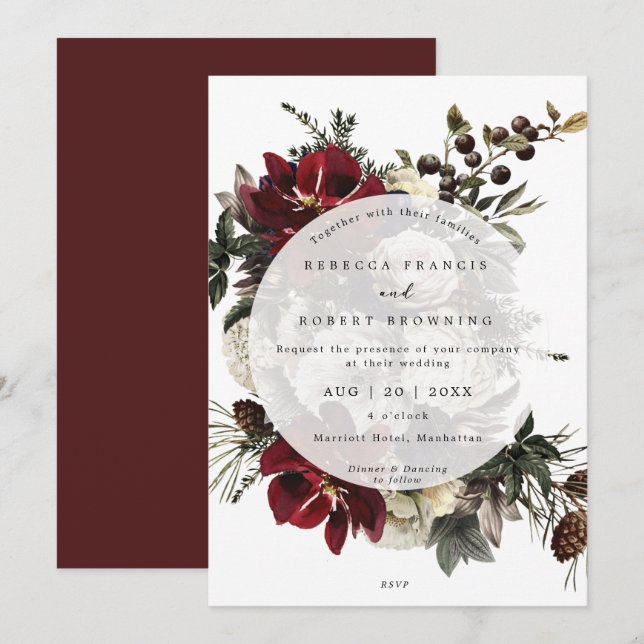 winter floral berry modern wedding invitation (Front/Back)