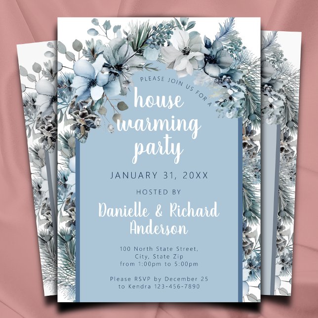 Winter Floral Blue Elegant House Warming Party Invitation (Creator Uploaded)