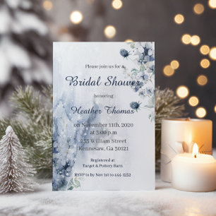 Winter Floral Blue & Sliver Bridal Shower Invitation