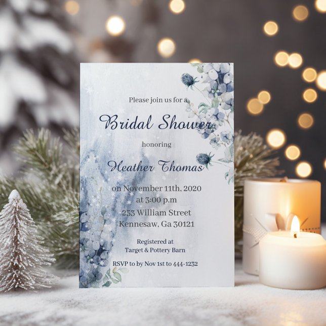 Winter Floral Blue & Sliver Bridal Shower Invitation (Creator Uploaded)
