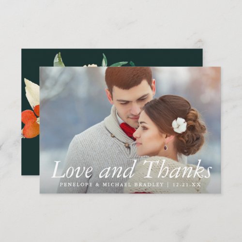 Winter Floral Bouquet Wedding Photo Thank You Card