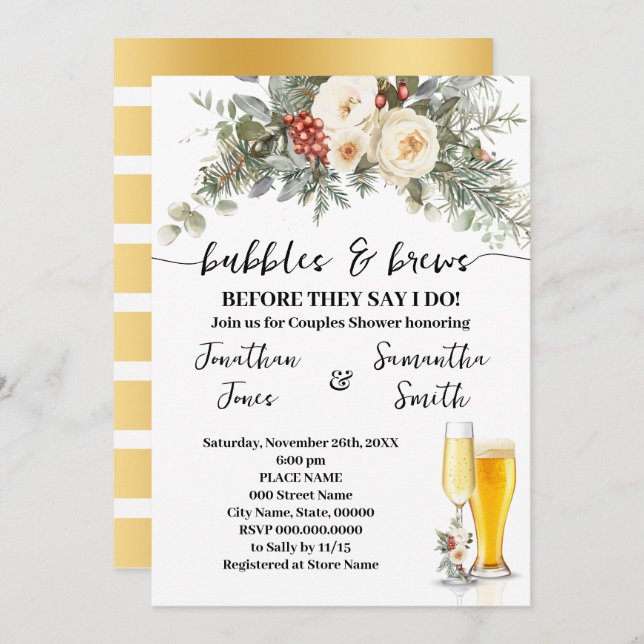 Winter Floral Bubbles & Brews Shower Invitation (Front/Back)
