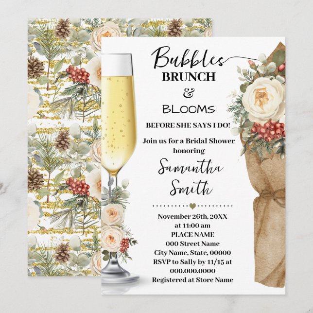 Winter Floral Bubbles Brunch & Bloom Bridal Shower Invitation (Front/Back)