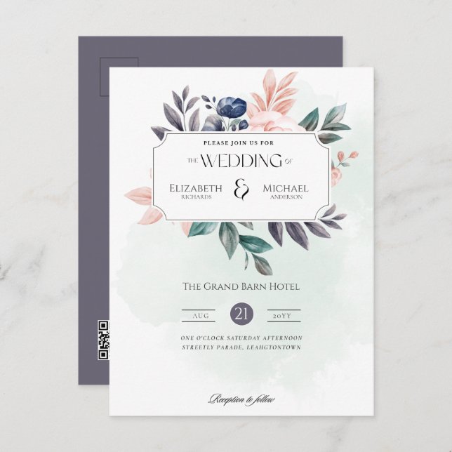 Winter Floral Budget Wedding Invitation QR Code Postcard (Front/Back)