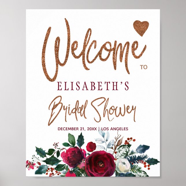 Winter floral burgundy bridal shower welcome sign (Front)