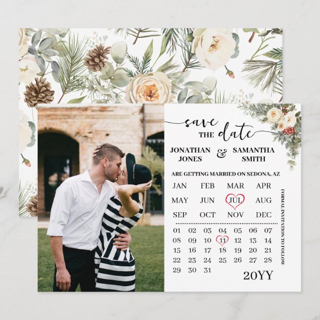 Winter Floral Calendar with Photo Save The Date (Front/Back)