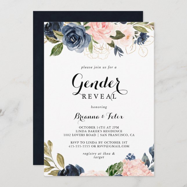 Winter Floral Calligraphy Gender Reveal Party Invitation (Front/Back)