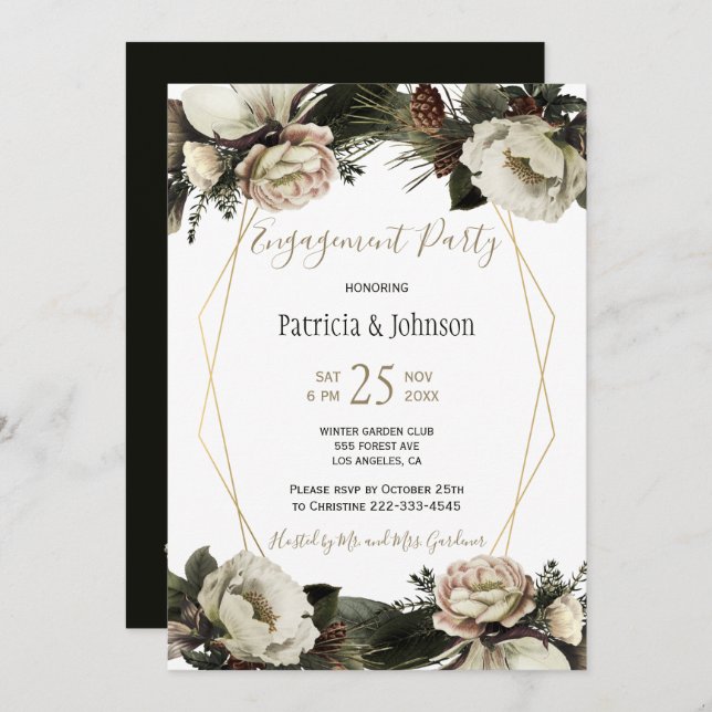 Winter floral chic gold geometric engagement party invitation (Front/Back)