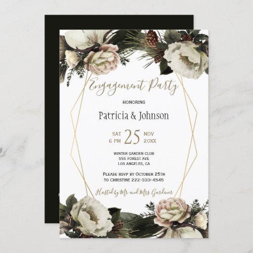 Winter floral chic gold geometric engagement party invitation