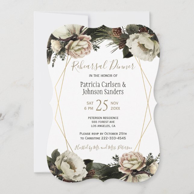 Winter floral chic gold geometric rehearsal dinner invitation (Front)