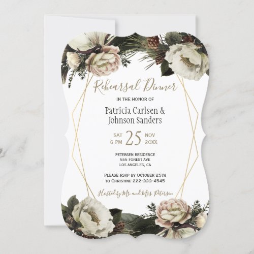 Winter floral chic gold geometric rehearsal dinner invitation