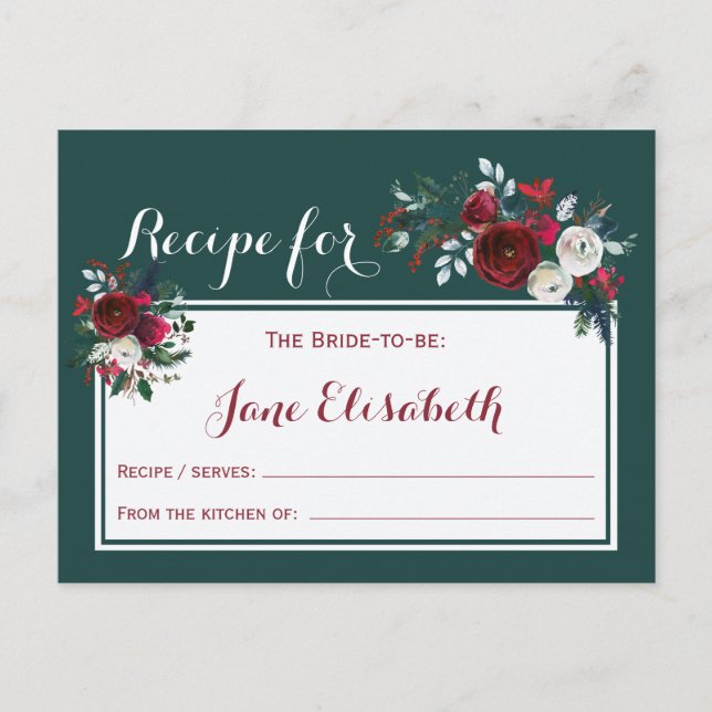 Winter floral Christmas bride to be recipe card (Front)