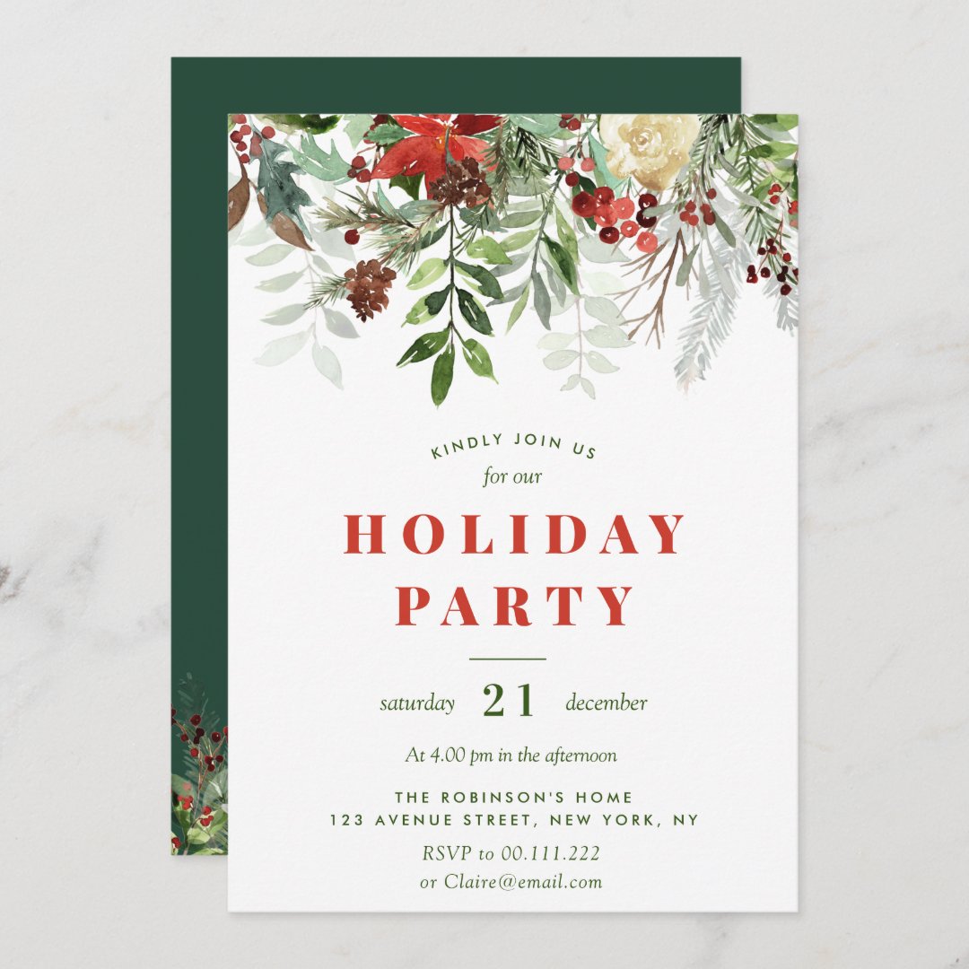 Winter floral christmas holiday party invitation | Zazzle