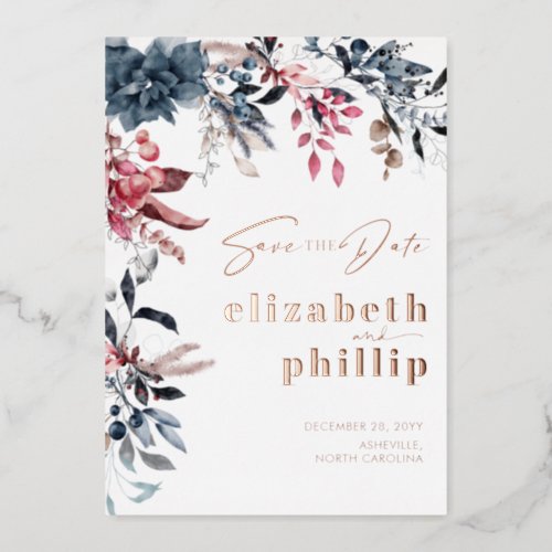 Winter Floral Christmas Holiday Save The Date Foil Invitation