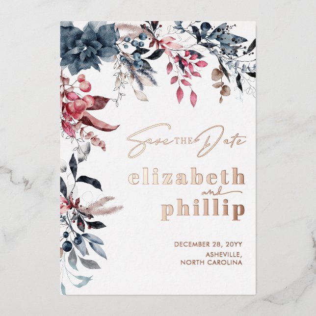 Winter Floral Christmas Holiday Save The Date Foil Invitation (Front)