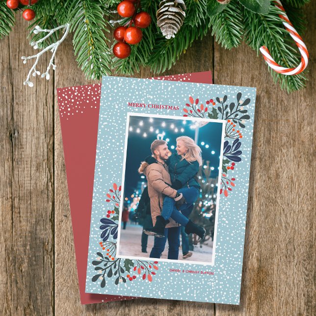 Winter Floral Christmas Photo Holiday Card (Winter flowers and snowflakes Christmas holiday photo cards)