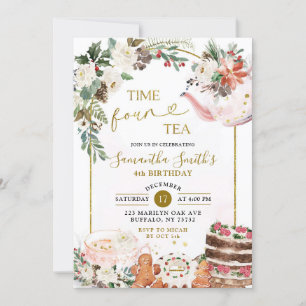 Winter Floral Christmas Tea Fourth Birthday Party Invitation