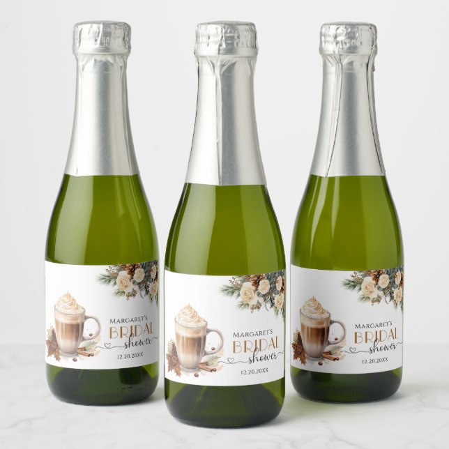 Winter Floral Coffee Bridal Shower Sparkling Wine Label (Bottles)