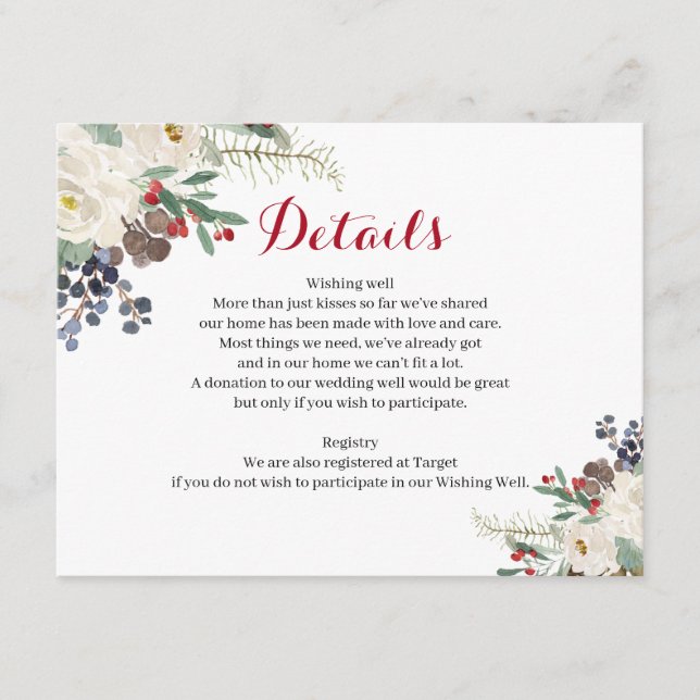 Winter Floral Couples Shower Modern Details Card (Front)