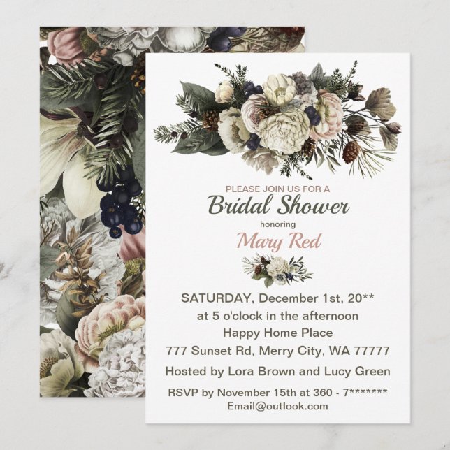 Winter Floral Cream Peony Conifer Bridal Shower Invitation (Front/Back)
