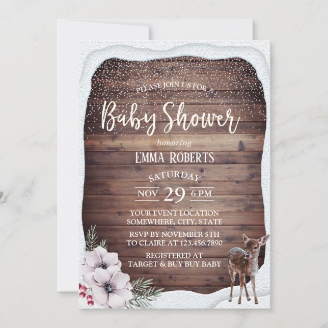 Winter Floral Cute Deer Baby Shower Invitation (Front)