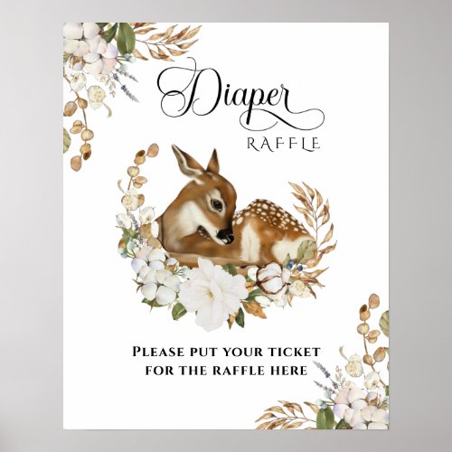 Winter floral  deer Baby Shower Diaper Raffle Poster