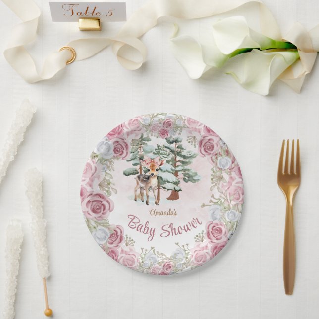 Winter Floral Deer Girl Baby Shower  Paper Plates (Wedding)