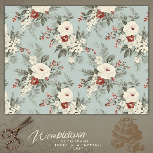 Winter Floral Elegance White  Red on Grey  Tissue Paper