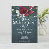 Winter floral elegant burgundy sweet sixteen invitation (Standing Front)