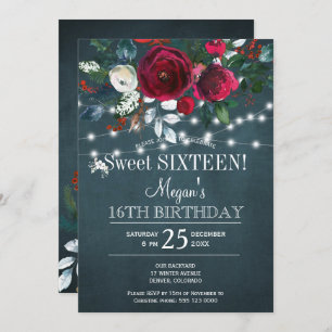Winter floral elegant burgundy sweet sixteen invitation