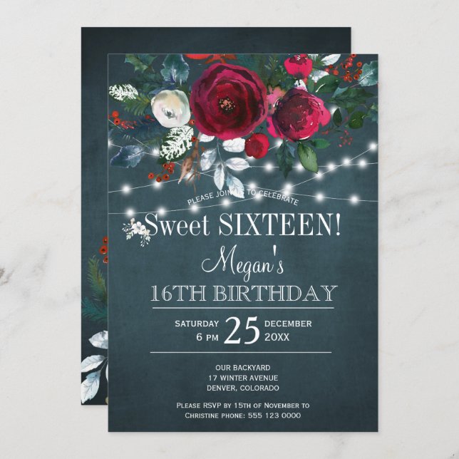 Winter floral elegant burgundy sweet sixteen invitation (Front/Back)