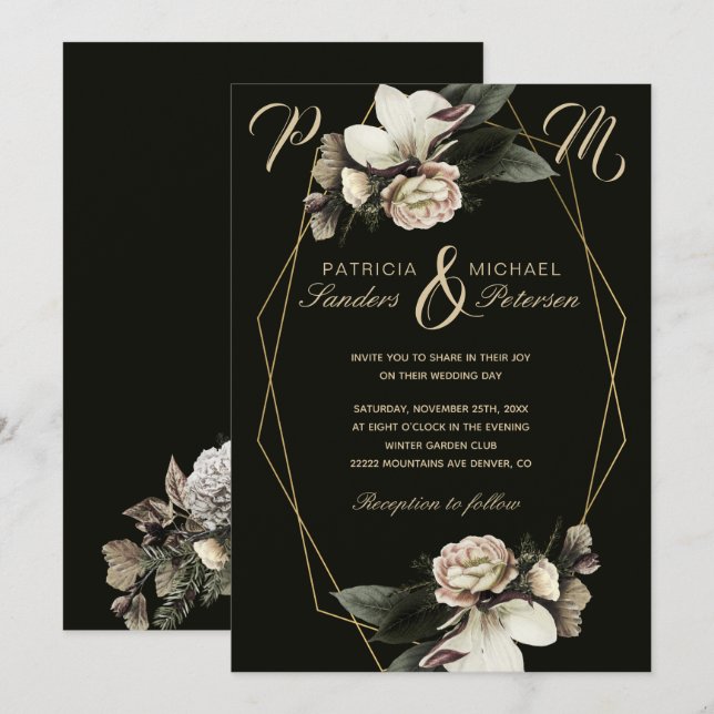 Winter floral elegant gold geometric wedding invitation (Front/Back)