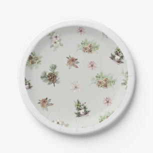 Winter Floral Elegant Green Rustic Baby Shower Paper Plates