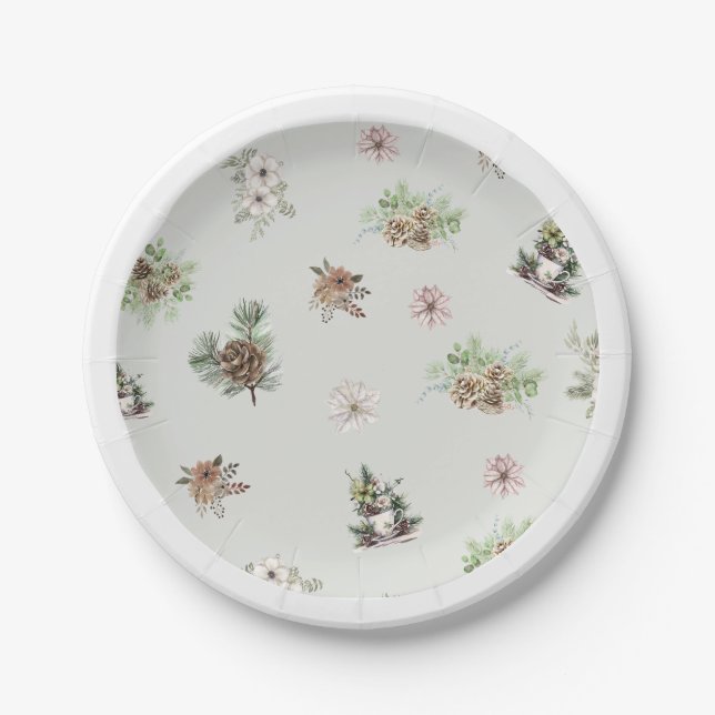 Winter Floral Elegant Green Rustic Baby Shower Paper Plates (Front)