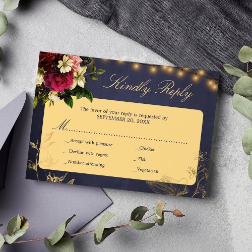 Winter floral elegant script gold navy wedding RSVP card
