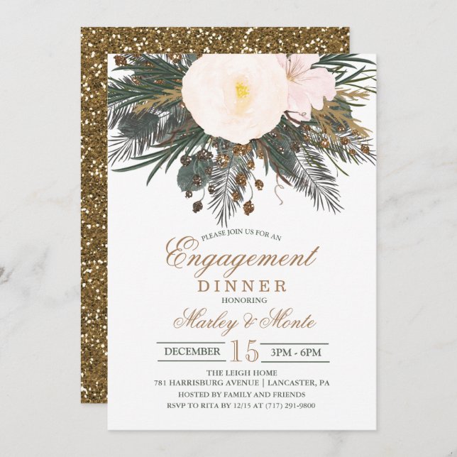Winter Floral Engagement Dinner Invitation (Front/Back)