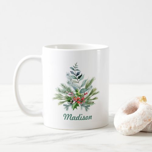 winter floral evergreen monogram name coffee coffee mug