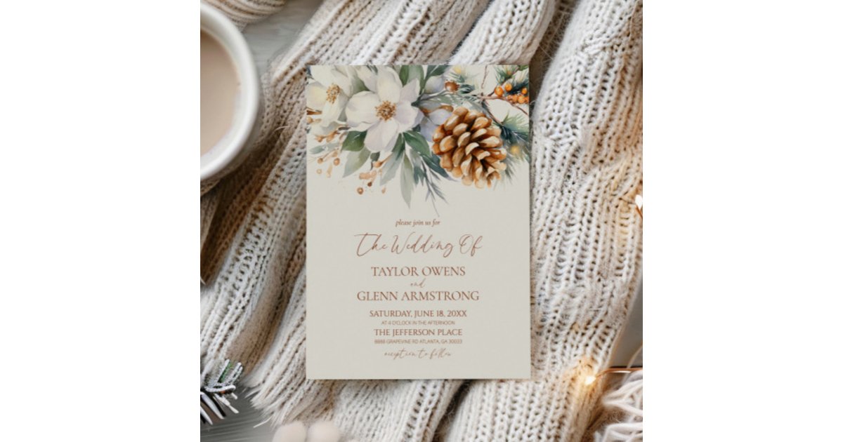 Winter Floral Flowers Pine Tree Cone Wedding Invitation | Zazzle