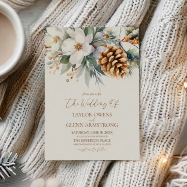 Winter Floral Flowers Pine Tree Cone Wedding Invitation | Zazzle