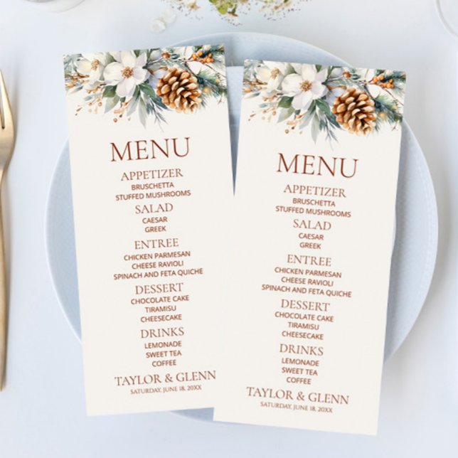 Winter Floral Flowers Pine Tree Cone Wedding Menu (Creator Uploaded)