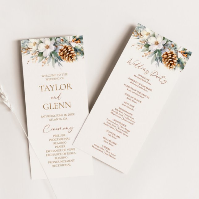 Winter Floral Flowers Pine Tree Cone Wedding Program (Creator Uploaded)