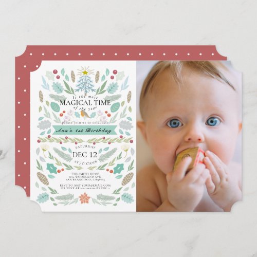 Winter Floral Foliage Chrismtas Photo 1st Birthday Invitation