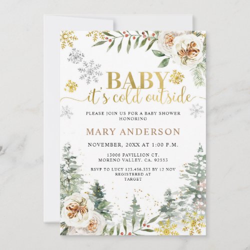 Winter Floral Forest Its Cold Outside Baby Shower Invitation