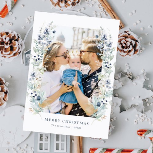 Winter Floral Frame Dusty Blue Photo Holiday Card